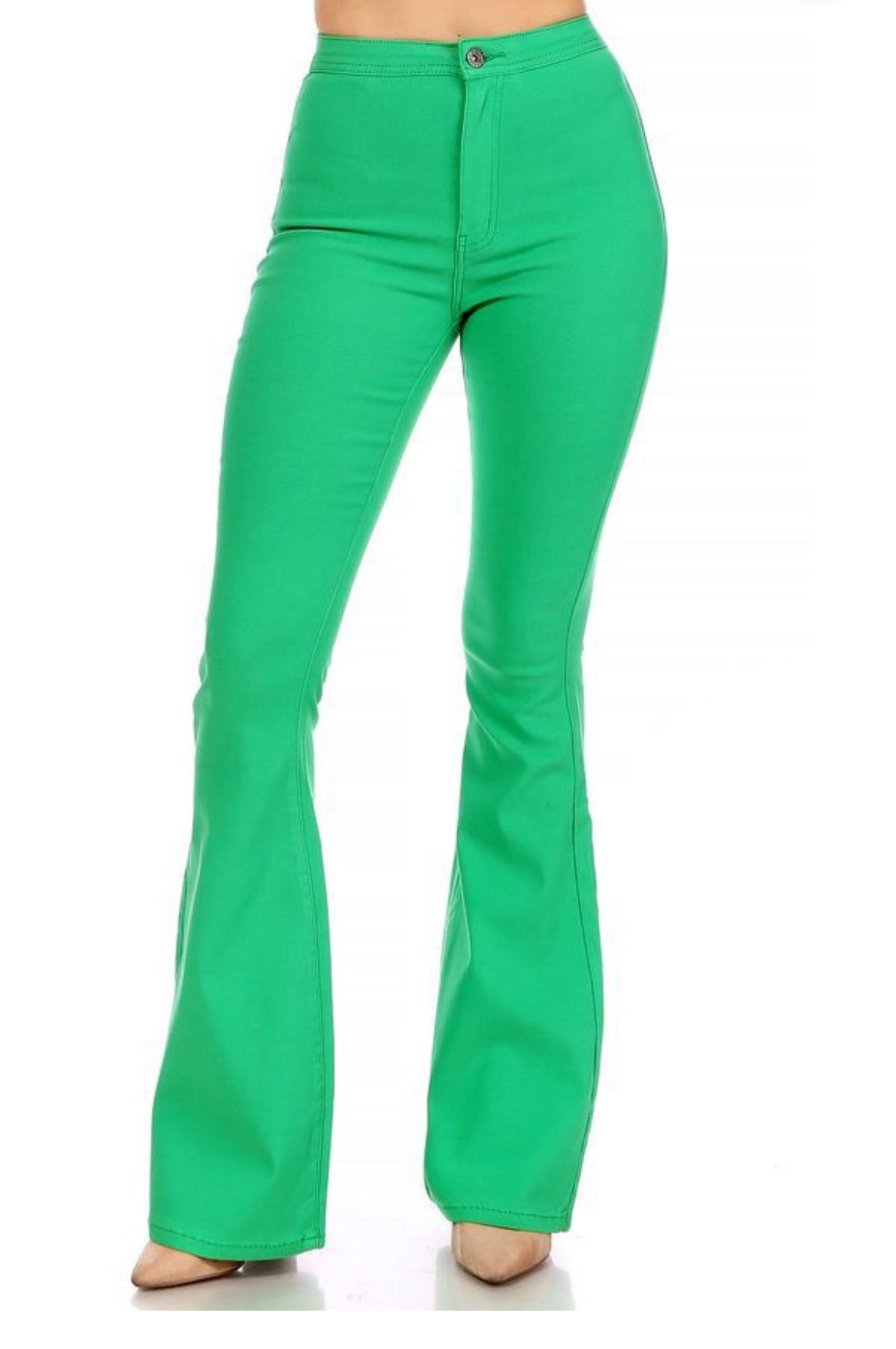 Bargain Bells High Rise Stretch Kelly Green Pull-On Flare Jeans