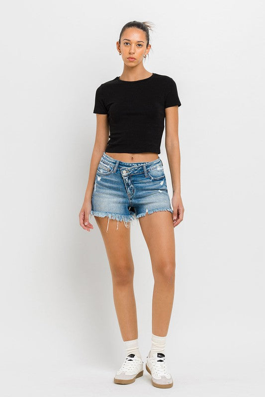 High Rise Distressed Criss Cross Shorts