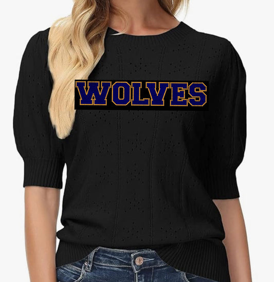 Wolves Rhinestone Puff Sleeve Sweater