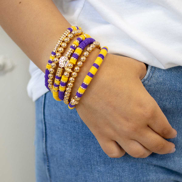 Paw Print Bead Bracelet Stack in Purple/Yellow