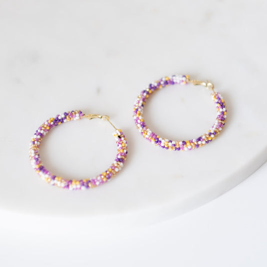 Beaded Hoop Earrings in Purple/Yellow