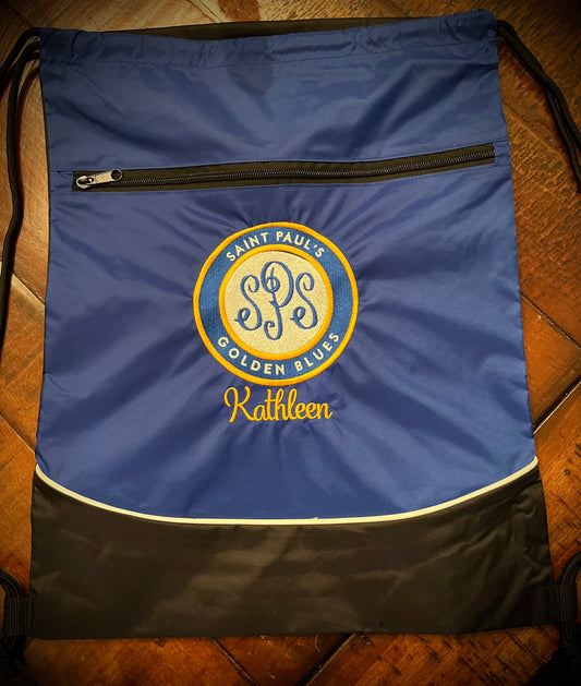 Embroidered Golden Blues Drawstring Bag with Name