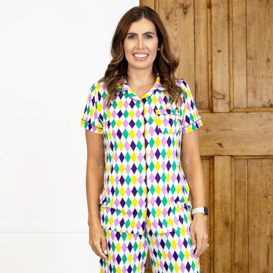 Mardi Harlequin Short Sleeve Button Up Sleep Shirt