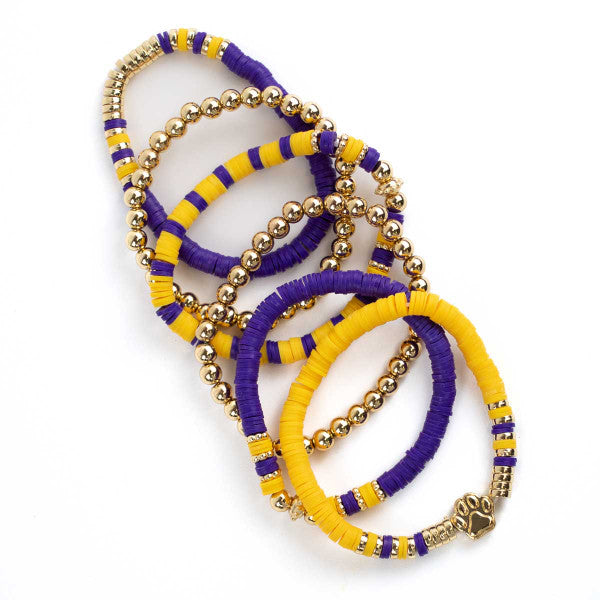 Paw Print Bead Bracelet Stack in Purple/Yellow