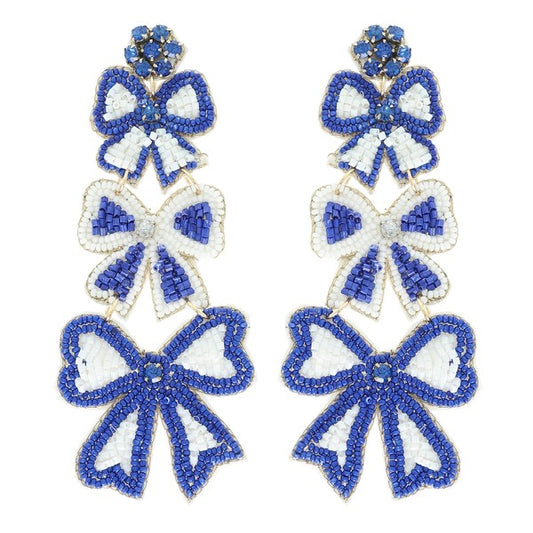 Blue and White Beaded Bow Earrings