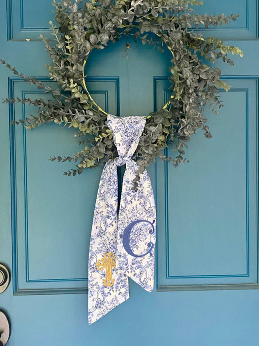 Blue and White Wreath Sash with embroidered Cross
