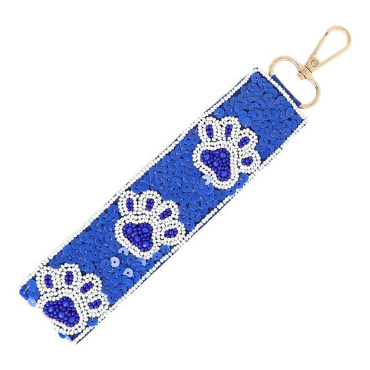 Blue and White Sequin Paw Keychain