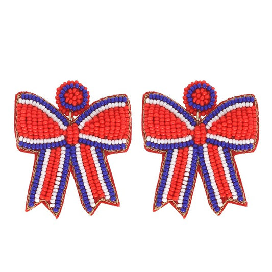 Red, White and Blue GAME DAY STRIPED BOW RIBBON BEADED EARRINGS