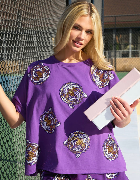 Tiger Face Sequin Oversized Top