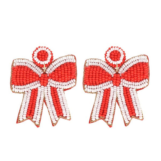 Red and White GAME DAY STRIPED BOW RIBBON BEADED EARRINGS