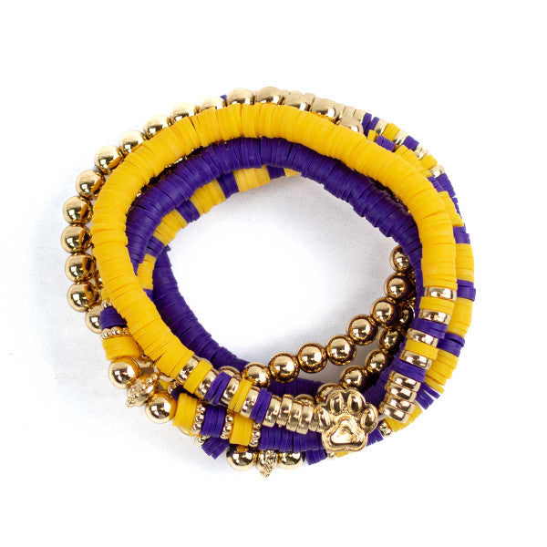 Paw Print Bead Bracelet Stack in Purple/Yellow