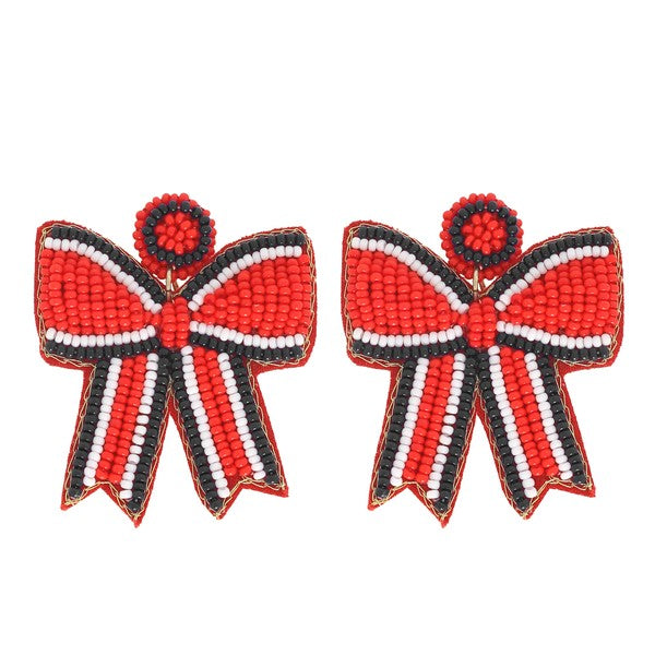 Black, Red and White GAME DAY STRIPED BOW RIBBON BEADED EARRINGS