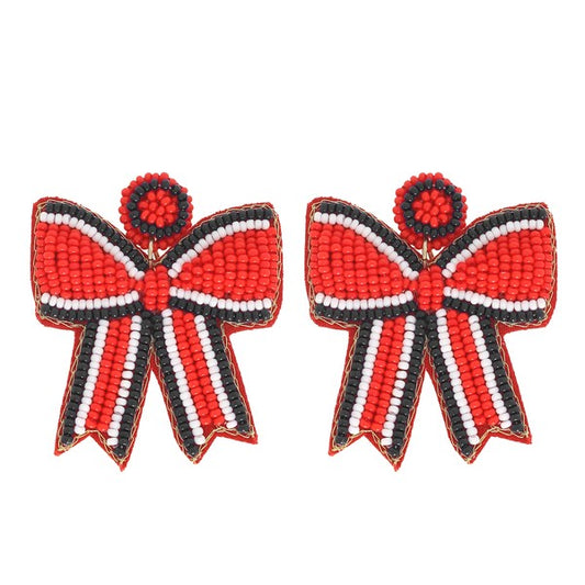 Black, Red and White GAME DAY STRIPED BOW RIBBON BEADED EARRINGS