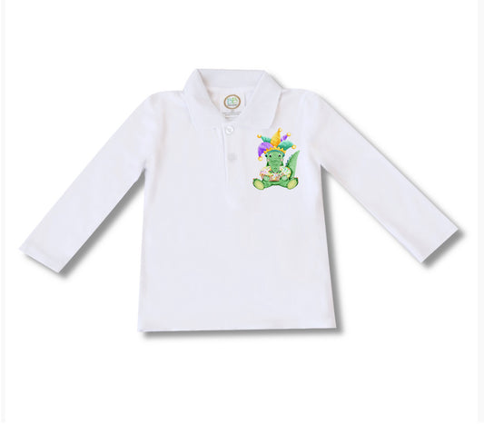 Mardi Gras Alligator Long Sleeve Polo Style Collard Shirt