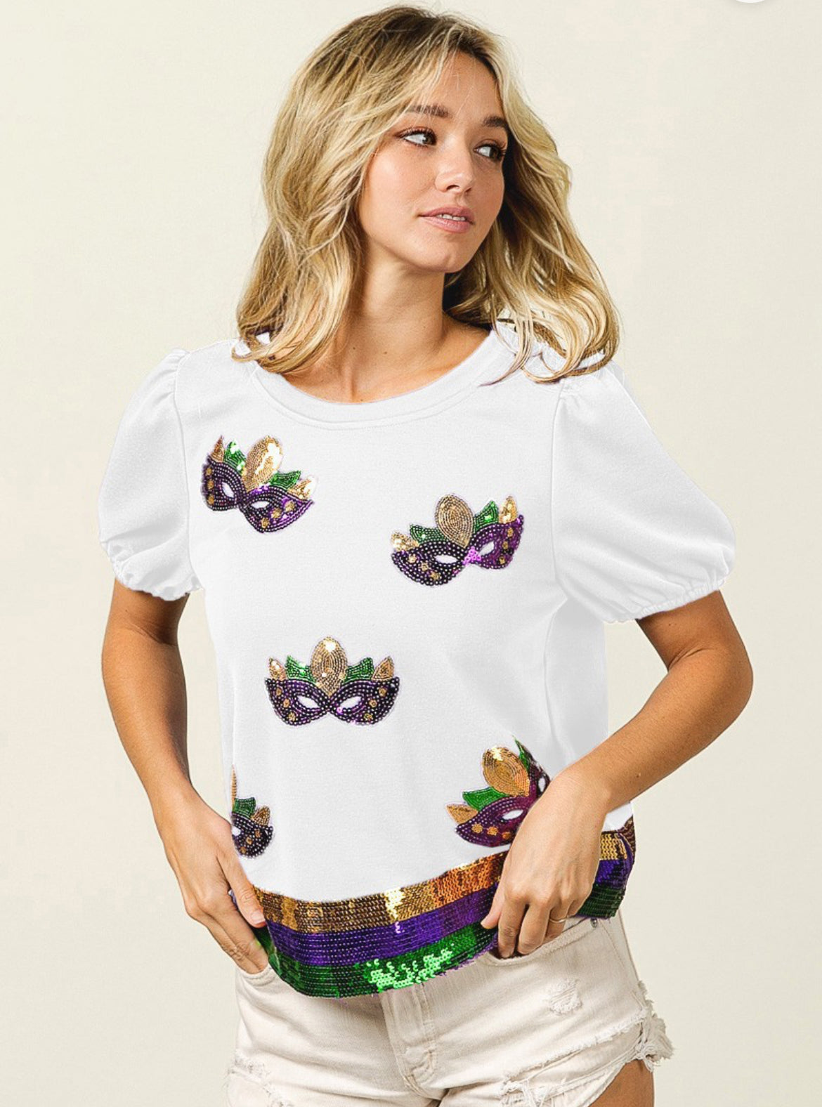 Mardi Gras Sequin Mask Stripe Shirt