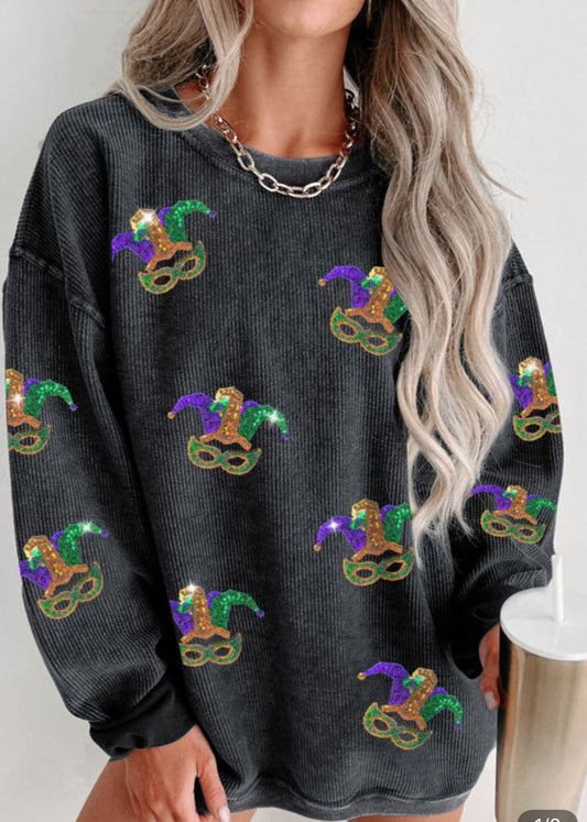 Black Mardi Gras Sequined Mask
Corded Sweatshirt