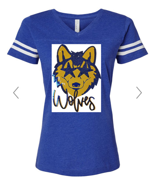 Women's Sequin Wolf Football V-Neck Fine Jersey Tee