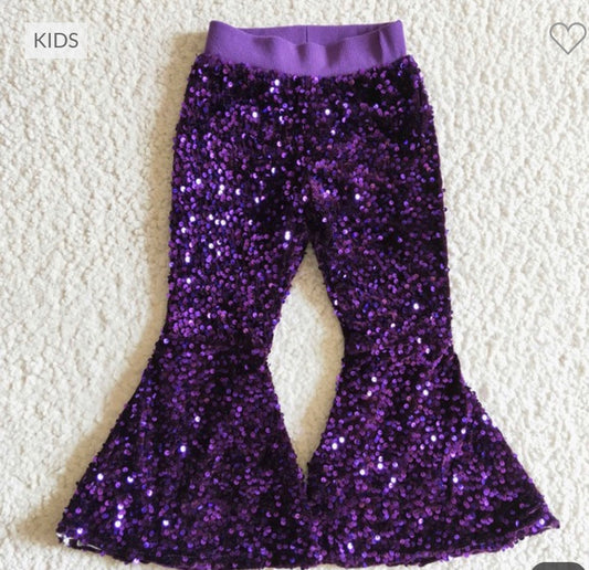 Purple soft lining girls sequin bell bottom pants