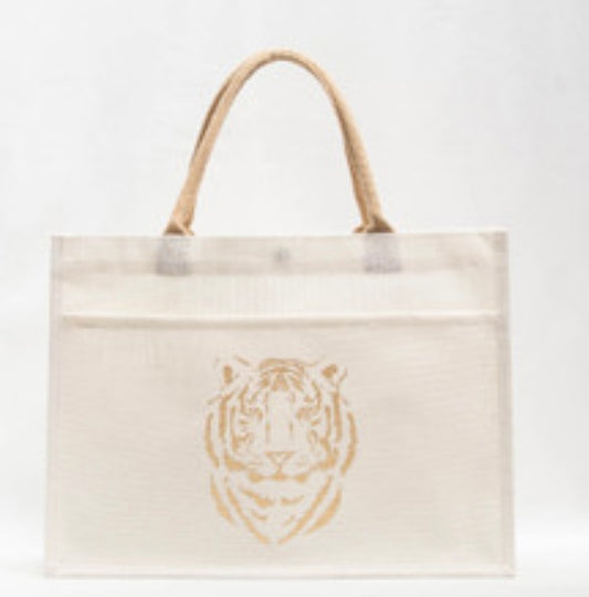 Gold Easy Tiger Jute Pocket Tote