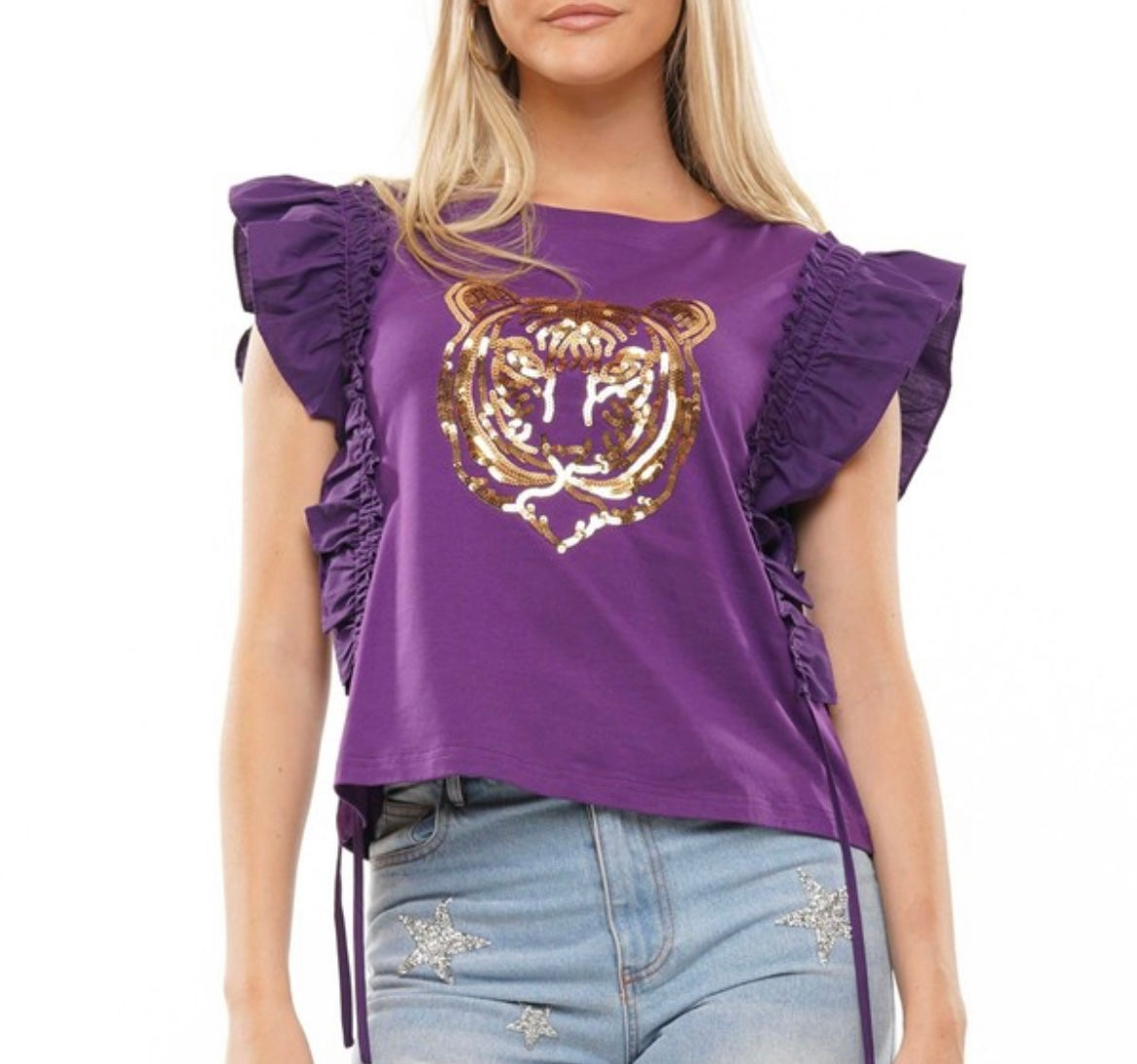 RUFFLE SLEEVE SEQUIN TIGER TOP