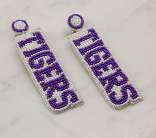 Tigers Beaded Earrings Purple/ White 3"