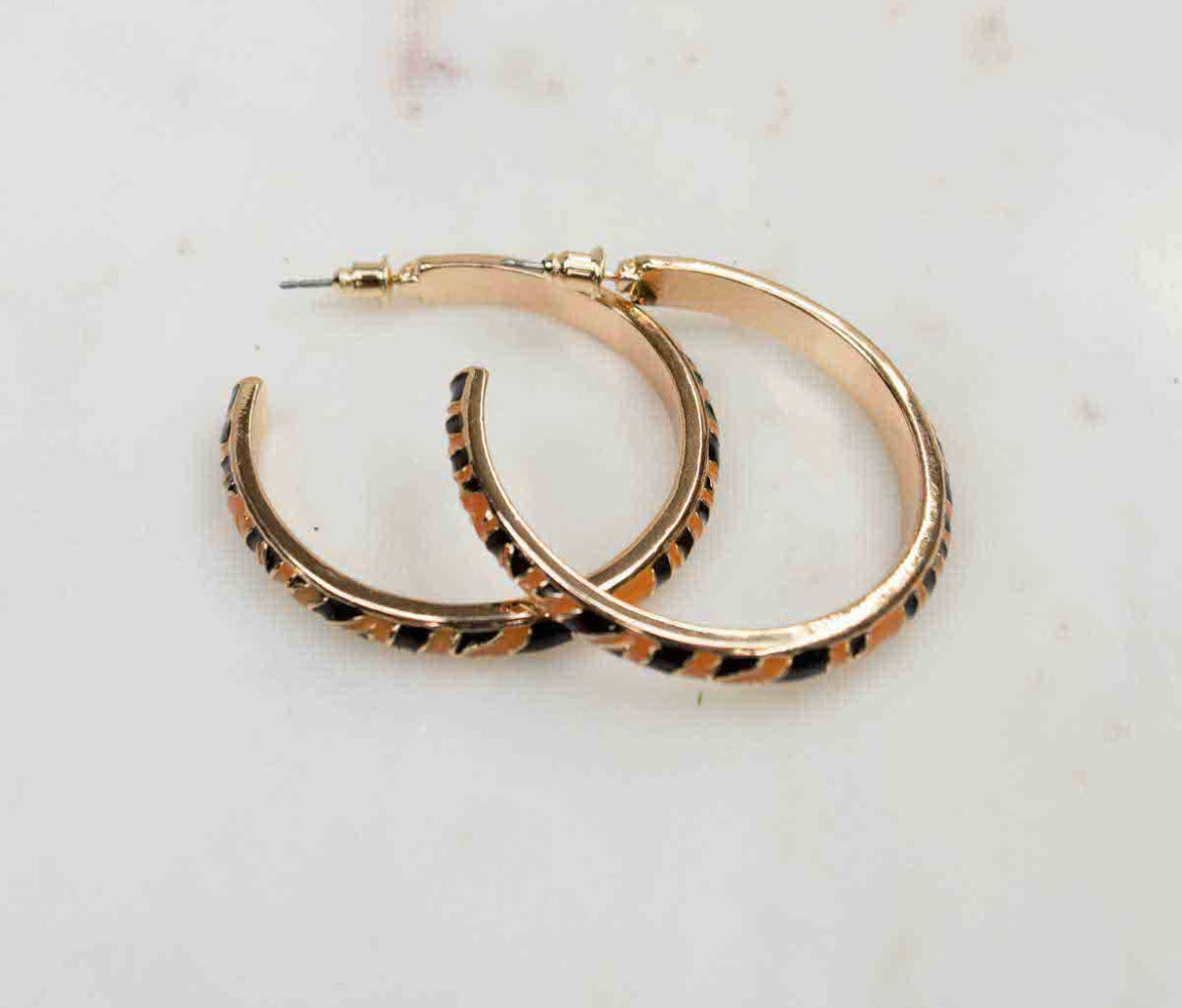 Tiger Stripe Hoop Earrings Black/ Tan 1.25"